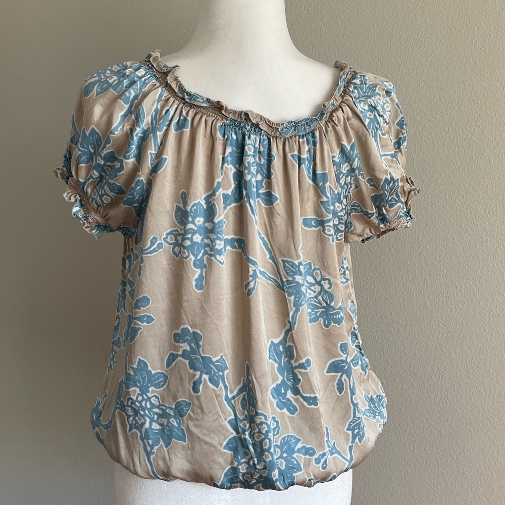 Joie Silk Blue Floral Blouse - Tan Base Size S - Picture 5 of 7